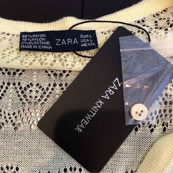 Zara Knitwear pale soft yellow open knit crochet button cardigan size Large NWT - Picture 8 of 13